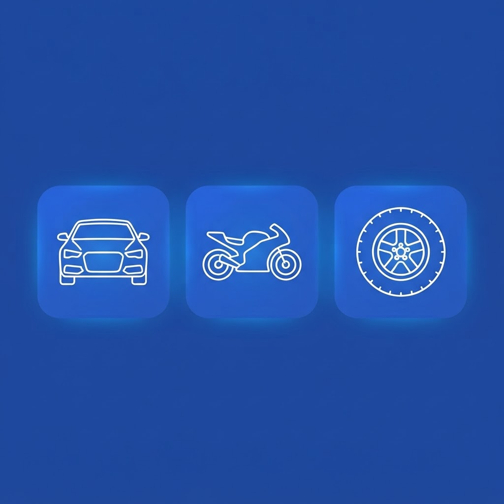 Illustrations of a car, motorcycle and tyre